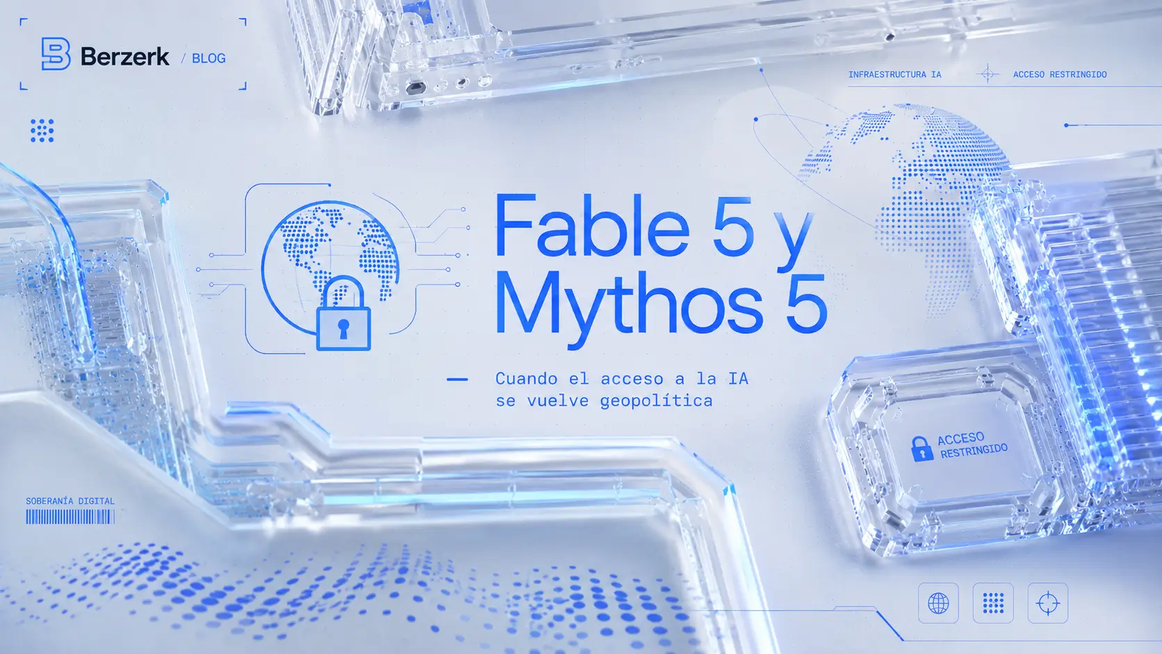 Ilustración editorial sobre el bloqueo de Claude Fable 5 y Mythos 5 de Anthropic por una directiva de control de exportación de EE. UU.