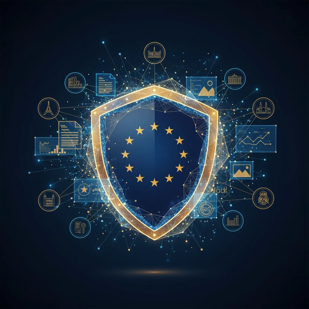 Ilustración 3D de escudo con estrellas de la Unión Europea rodeado de red de datos e iconos de cumplimiento, privacidad y analítica. Imagen para el post ‘Desarrollo de modelos de IA: claves para el mercado europeo’.