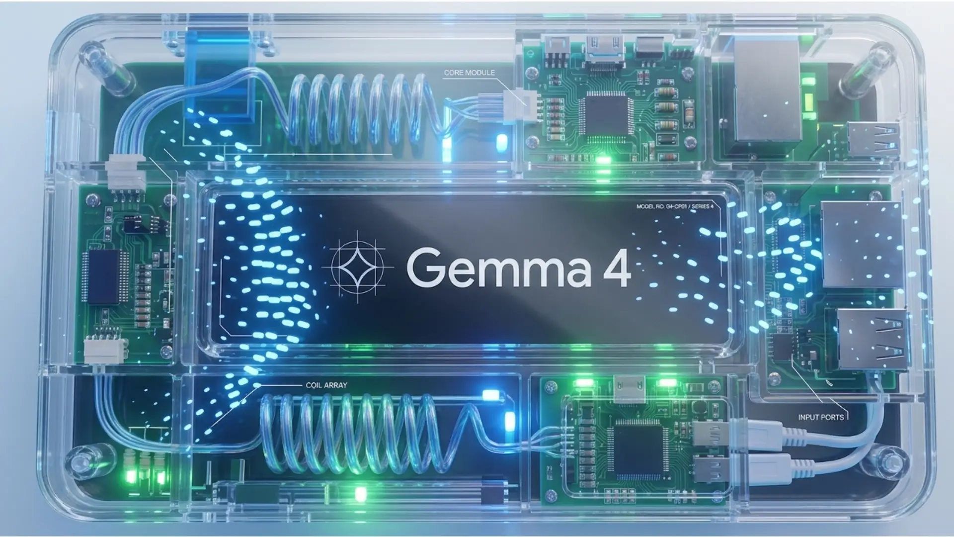 Ilustración de Gemma 4, modelo de IA open source de Google con iconos de texto, imagen, audio y vídeo