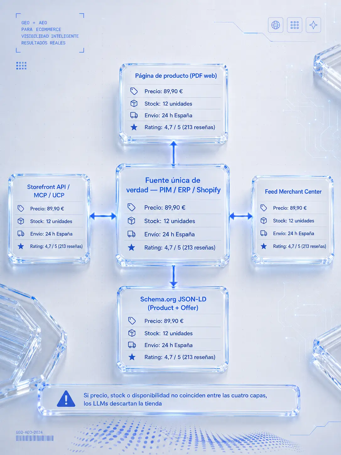 Diagrama hub-and-spoke. En el centro, una caja etiquetada 'Fuente única de verdad — PIM / ERP / Shopify' con cuatro filas de datos (precio 89,90 €, stock 12 unidades, envío 24 h España, rating 4,7/5). Cuatro flechas salen del centro hacia cuatro tarjetas alrededor, cada una representando un consumidor de los datos con los mismos cuatro valores idénticos. Las tarjetas se etiquetan 'Página de producto (PDP web)', 'Feed Merchant Center', 'Schema.org JSON-LD (Product + Offer)' y 'Storefront API / MCP / UCP'. Abajo, una banda de aviso con un icono de alerta y el texto 'Si precio, stock o disponibilidad no coinciden entre las cuatro capas, los LLMs descartan la tienda'.