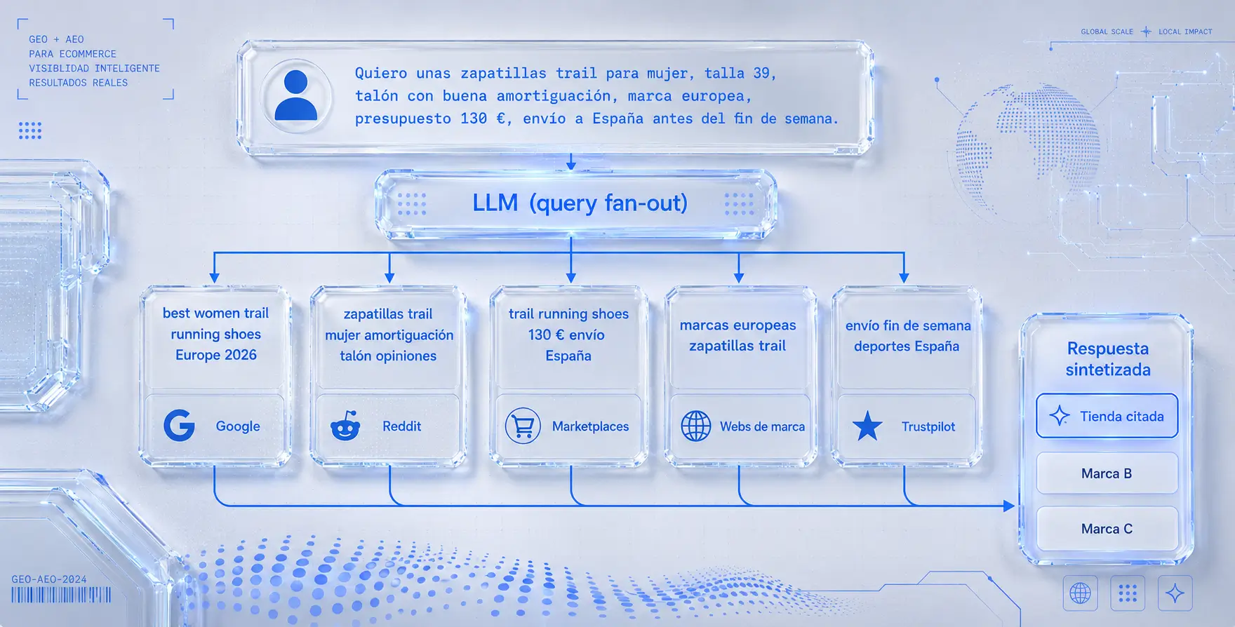 Diagrama de query fan-out de un LLM. Arriba, una burbuja de chat con la pregunta del usuario sobre zapatillas trail. En el centro, un nodo etiquetado 'LLM (query fan-out)' del que salen cinco flechas hacia cinco subconsultas paralelas. Cada subconsulta apunta a una fuente distinta (Google, Reddit, marketplaces, webs de marca, Trustpilot). Abajo, todas las fuentes convergen en una única respuesta sintetizada con tres marcas citadas y una destacada como 'Tienda citada'.