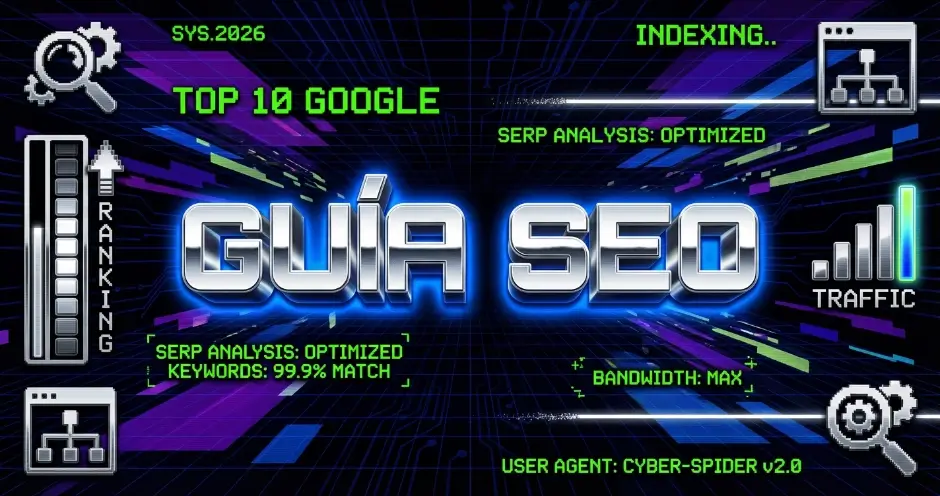 Gráfico estilo interfaz cyberpunk en tonos azules, verdes y morados. Título central "GUÍA SEO" con efecto metálico. Incluye textos "Top 10 Google", "SYS.2026", "Indexing...", "SERP Analysis: Optimized", "Keywords: 99.9% Match", "Bandwidth: Max" y "User Agent: Cyber-Spider v2.0". Iconos de lupas, gráficos de ranking y traffic, y ventana de navegador.