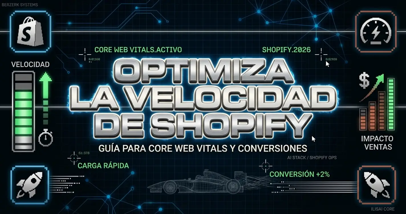 Infografía tecnológica sobre optimización de la velocidad en Shopify. Texto principal “Optimiza la velocidad de Shopify”. Incluye indicadores de Core Web Vitals activos, carga rápida, impacto en ventas y mejora de conversión, con gráficos de rendimiento, iconos de velocidad, cohete y crecimiento, en un entorno visual futurista orientado a Shopify 2026.
