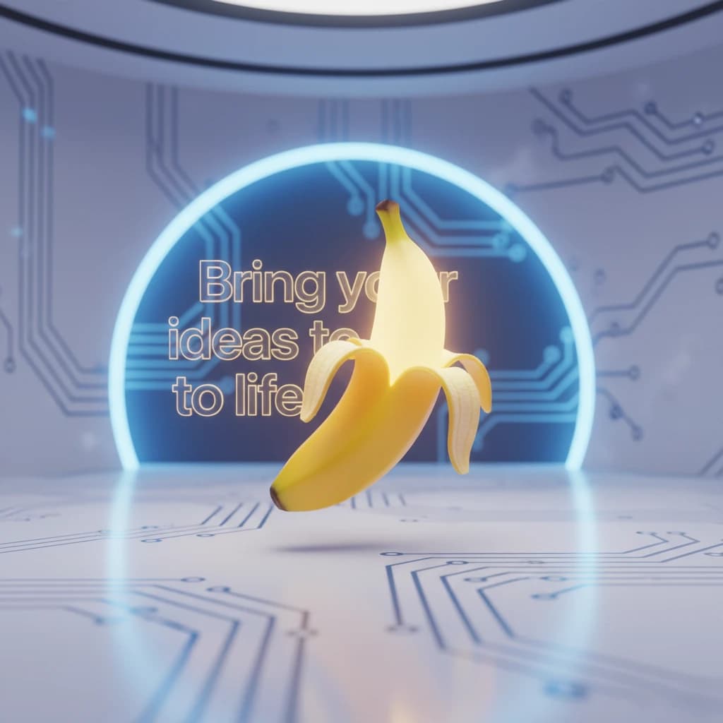 ilustración 3D de banana brillante flotando frente a un aro de neón y fondo tecnológico con circuitos.