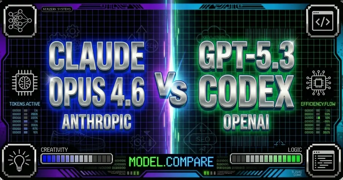 Comparativa Claude Opus 4.6 de Anthropic vs GPT-5.3 Codex de OpenAI con métricas de tokens, creatividad, lógica y eficiencia en formato versus