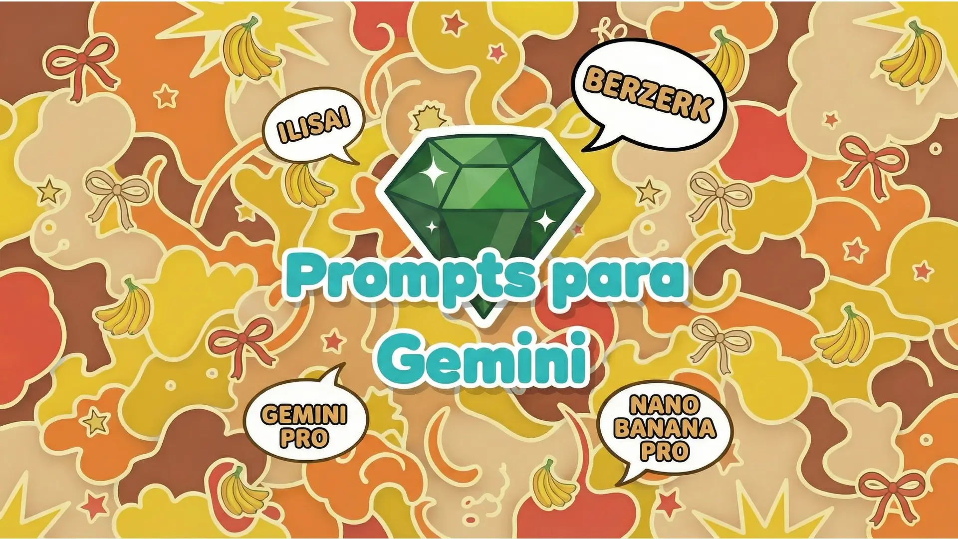 Portada colorida estilo kawaii con gema verde y texto ‘Prompts para Gemini‘