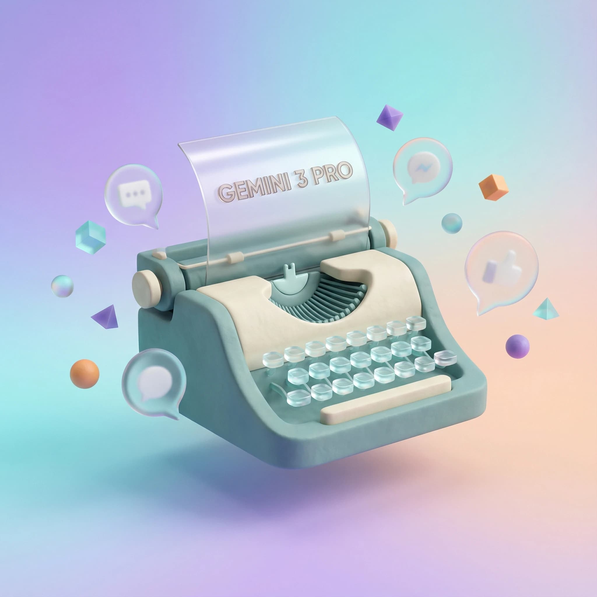 Ilustración 3D de alta gama estilo editorial sobre un fondo suave degradado en tonos violeta, cian y melocotón. Muestra una máquina de escribir futurista minimalista con teclas de cristal flotantes. De la máquina sale una hoja de papel brillante con el texto legible 'GEMINI 3 PRO'. Alrededor flotan burbujas de chat de vidrio esmerilado e iconos geométricos, con texturas de arcilla mate y elementos translúcidos bajo iluminación de estudio.