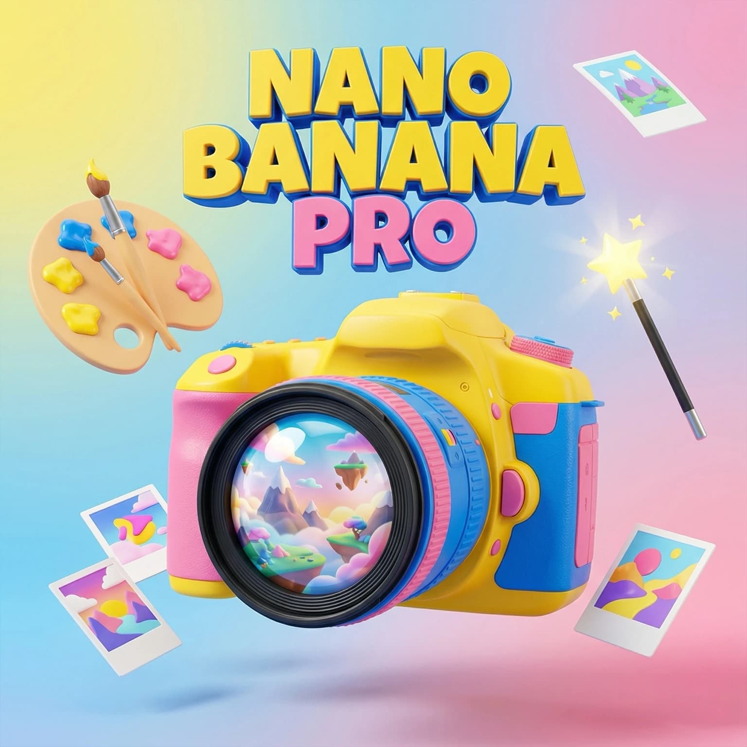 Composición 3D vibrante estilo animación de alta fidelidad. En el centro aparece una cámara profesional estilizada con una lente grande que refleja un paisaje. Sobre ella flota el texto 3D grande y colorido 'NANO BANANA PRO'. La escena incluye elementos creativos flotantes como una paleta de pintura, una varita mágica y fotos polaroid. Predominan los colores amarillo plátano, azul eléctrico y rosa chicle con texturas de plástico premium y goma.
