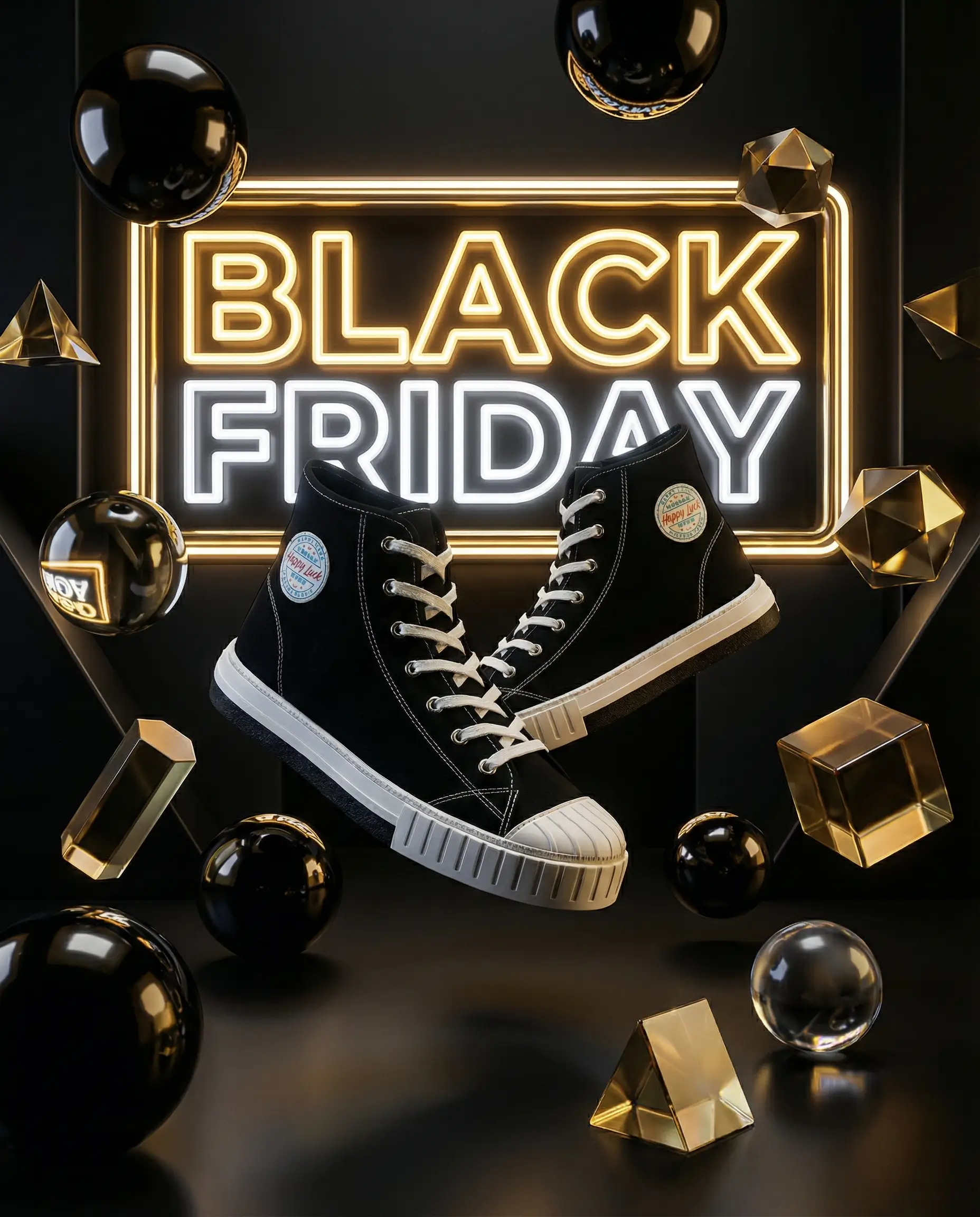 Creatividad Black Friday generada con IA - zapatillas Happy Luck en composición 3D con texto neón, formato 4:5 vertical