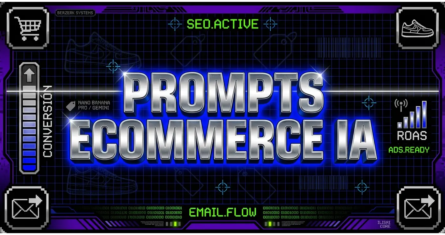 Un diseño de interfaz de usuario digital de principios de los 2000. El texto principal es un gran título en 3D, plateado y metálico con un resplandor azul neón. El fondo es una cuadrícula azul oscura con circuitos y elementos gráficos pixelados, incluyendo iconos de un carrito de compras, zapatillas y un sobre de correo. Etiquetas de datos en verde neón como "SEO.ACTIVE", "CONVERSIÓN", "ROAS ADS.READY" y "EMAIL.FLOW" se distribuyen por la imagen. Hay menciones de marca pequeñas como "BERZERK SYSTEMS", "NANO BANANA PRO / GEMINI" y "ILISAI CORE".