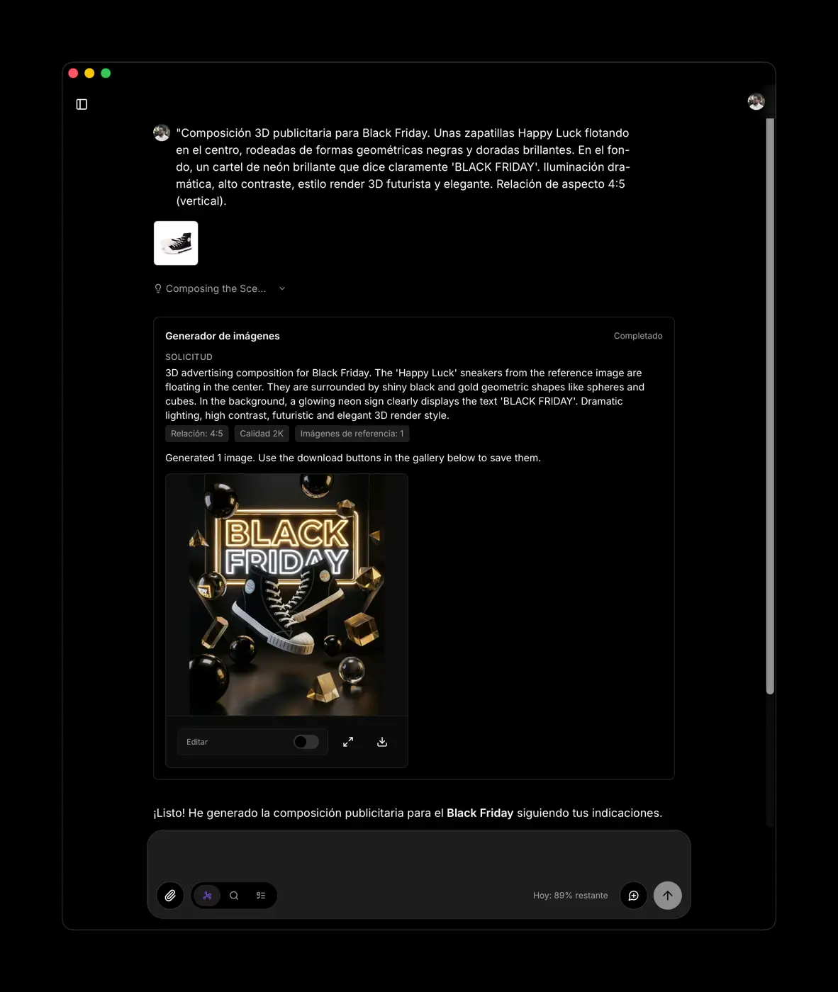 Interfaz de ilisai mostrando el proceso de generación de imagen para e-commerce con Nano Banana Pro