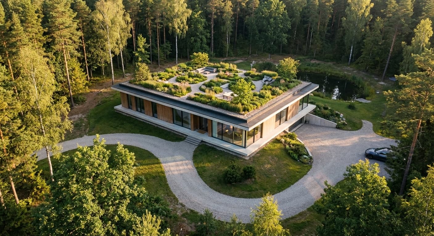 Vista aérea fotorrealista de casa moderna escandinava con techo jardín y ventanales panorámicos, generada con Gemini 3 Pro Image (Nano Banana Pro).