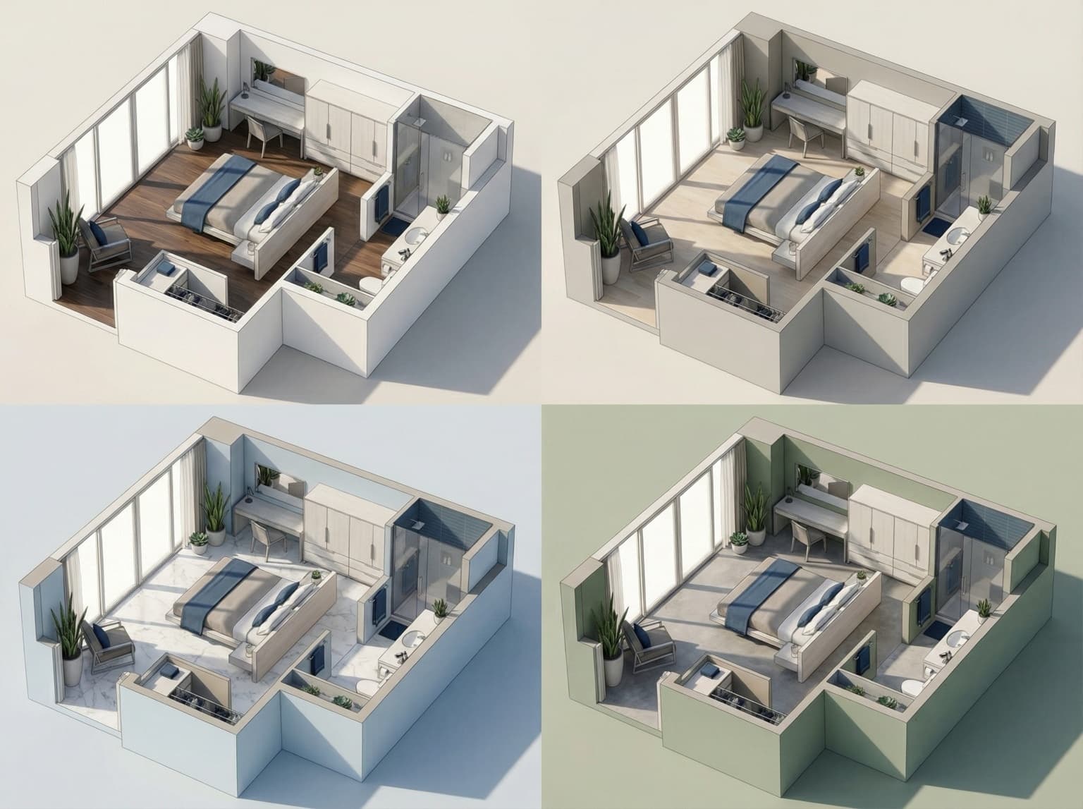 Cuadrícula 2x2 de dormitorio principal en vista isométrica con cuatro acabados diferentes: paredes blancas y suelo de madera oscura, paredes gris claro con suelo de madera clara, paredes azul pálido con suelo de mármol blanco y paredes verde salvia con suelo de microcemento gris, generada con Gemini 3 Pro Image (Nano Banana Pro).