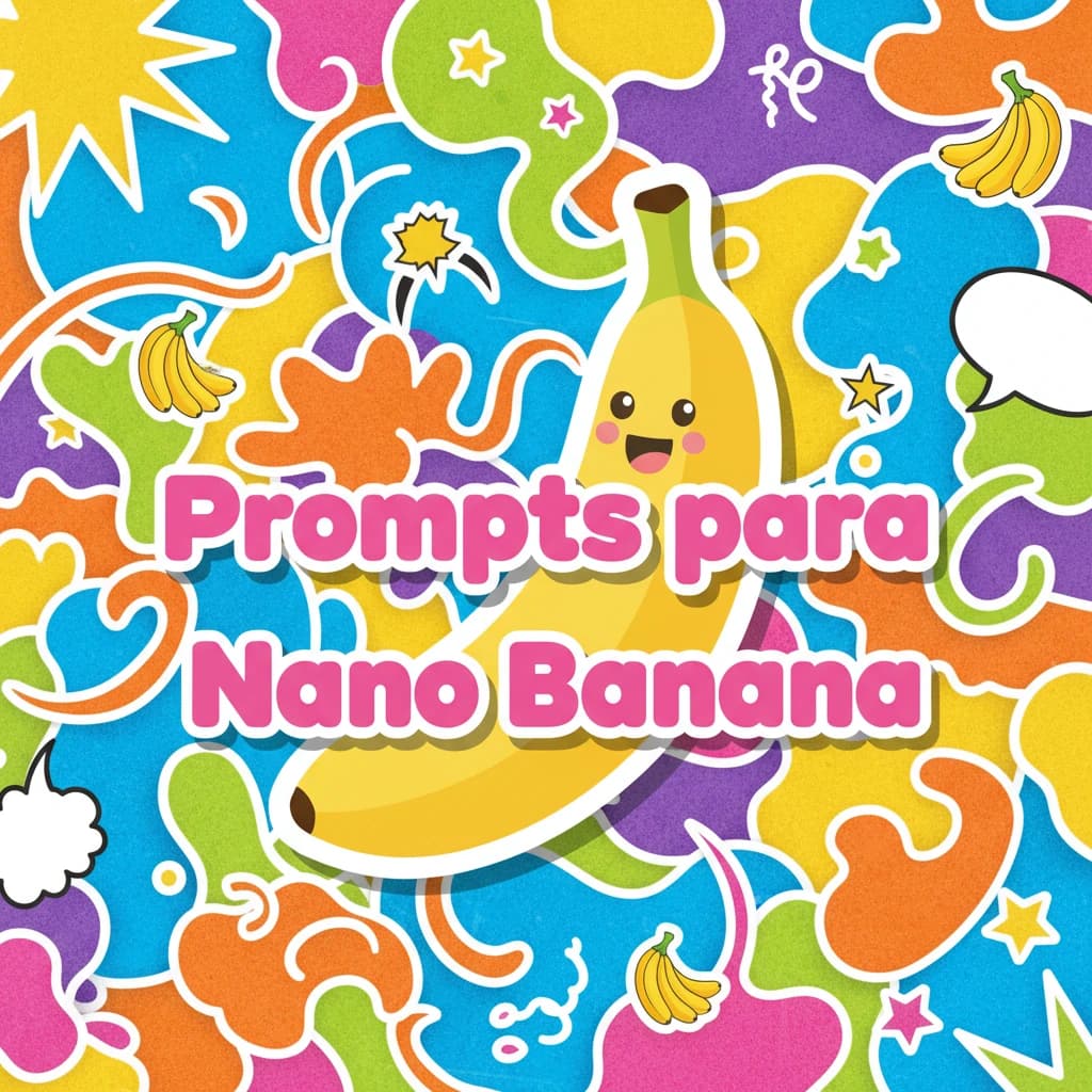 Fondo abstracto multicolor con banana sonriente y texto en rosa “Prompts para Nano Banana”