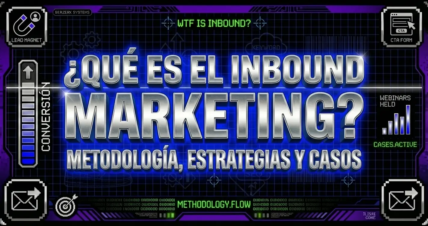 Banner de blog con diseño de interfaz digital futurista. Texto principal '¿Qué es el Inbound Marketing?' en tipografía cromada 3D con subtítulo 'Metodología, Estrategias y Casos'. Incluye iconos de imán (lead magnet), formulario CTA, barra de conversión, diana y email. Métricas de webinars y casos activos.