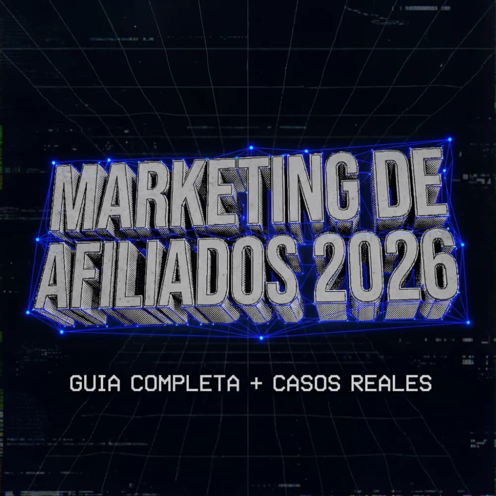 Texto en 3D y efecto de glitch "MARKETING DE AFILIADOS 2026", renderizado como bloques de hormigón con una estructura de alambre azul brillante. Debajo, en una fuente pixelada más pequeña, se lee "GUIA COMPLETA + CASOS REALES" sobre un fondo de cuadrícula digital oscura y distorsionada.