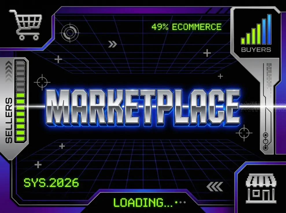 Gráfico estilo interfaz futurista/cyberpunk en tonos azules y morados. Título central "MARKETPLACE" con efecto neón. Incluye iconos de carrito de compra, tienda, gráficos de barras etiquetados "Sellers" y "Buyers", texto "49% Ecommerce", "SYS.2026" y "Loading...". Cuadrícula de perspectiva en el fondo.