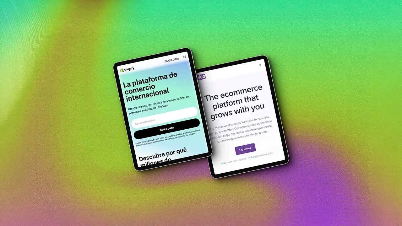 mockup de dos pantallas con las paginas de inicio de shopify a la derecha y woocomerce a la izquierda