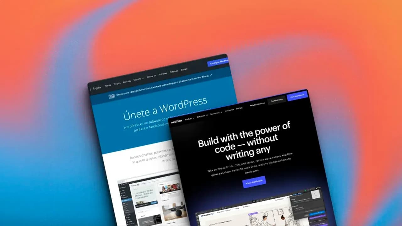 mock-up de capturas de pantallas con las páginas de inicio de webflow y wordpress