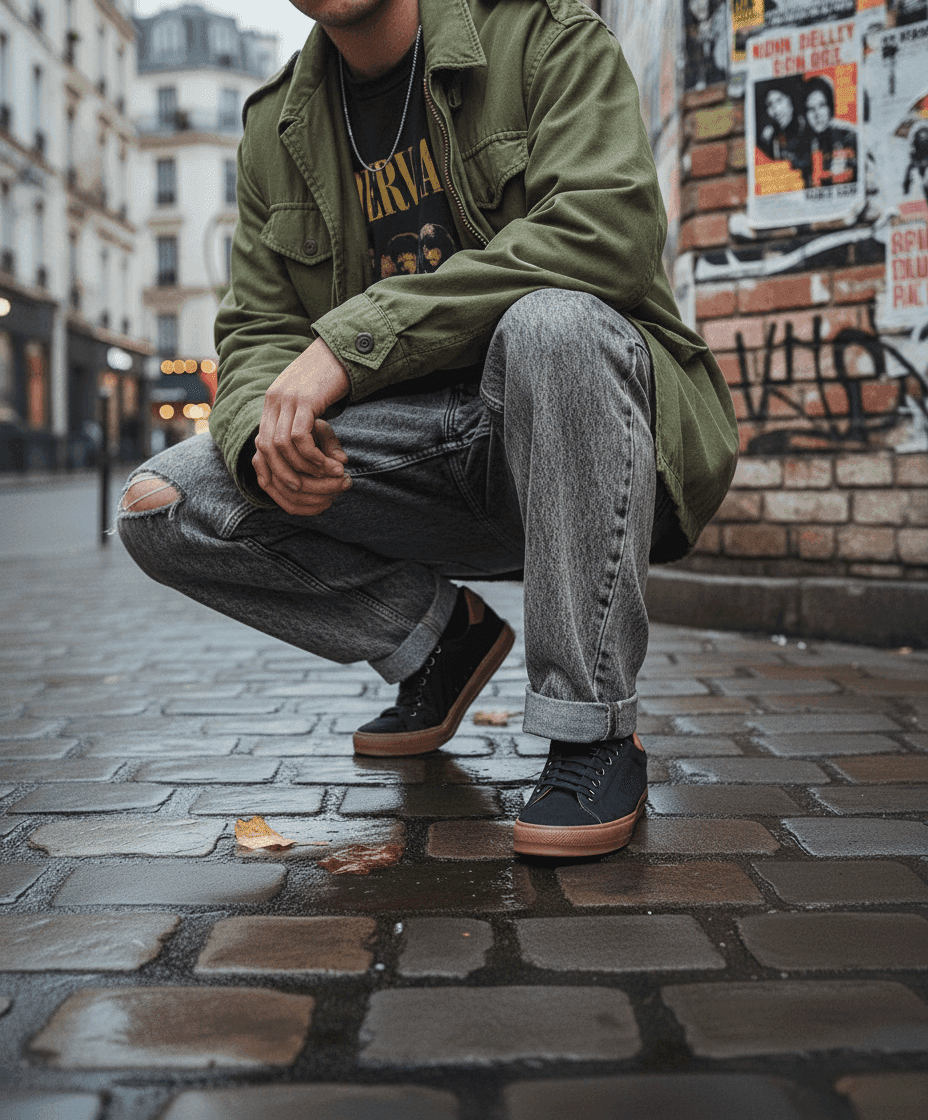 Zapatillas Happy Luck azul marino - Look urbano con chaqueta verde generado con IA