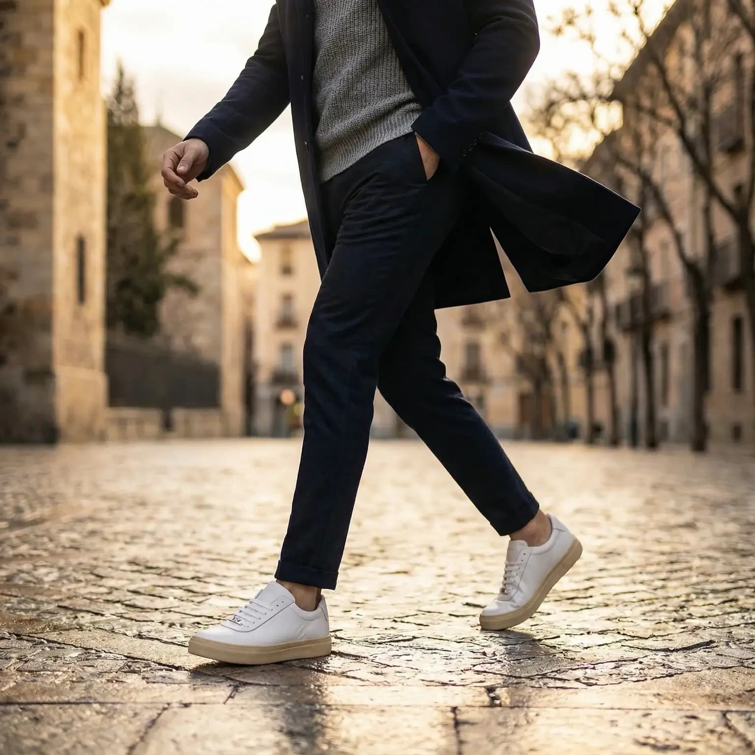 Zapatillas Happy Luck - Imagen generada con IA de hombre caminando por calle empedrada