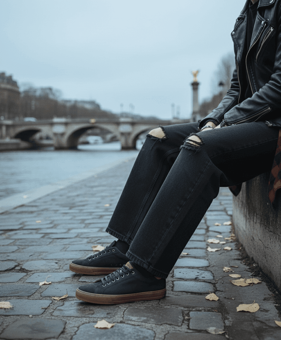 Zapatillas Happy Luck azul marino - Estilo rockero junto al río generado con IA