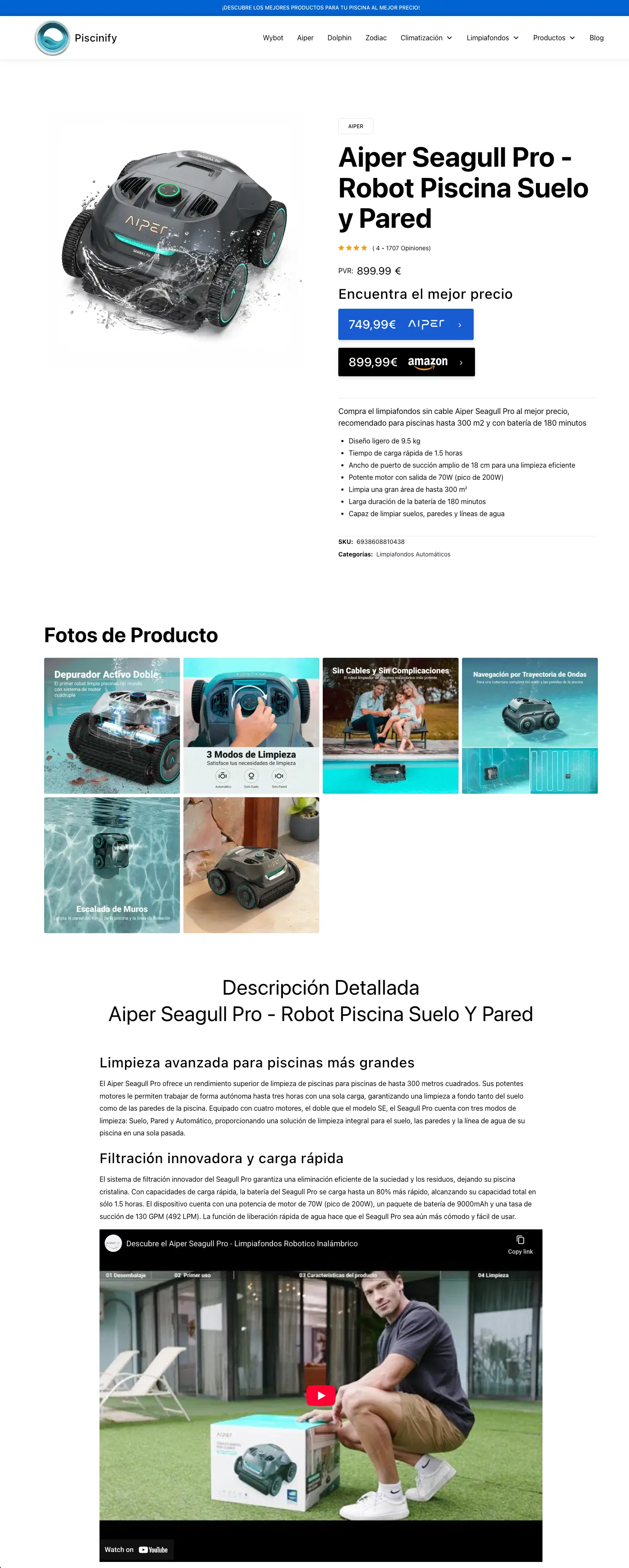Piscinify product page - ficha de producto con especificaciones