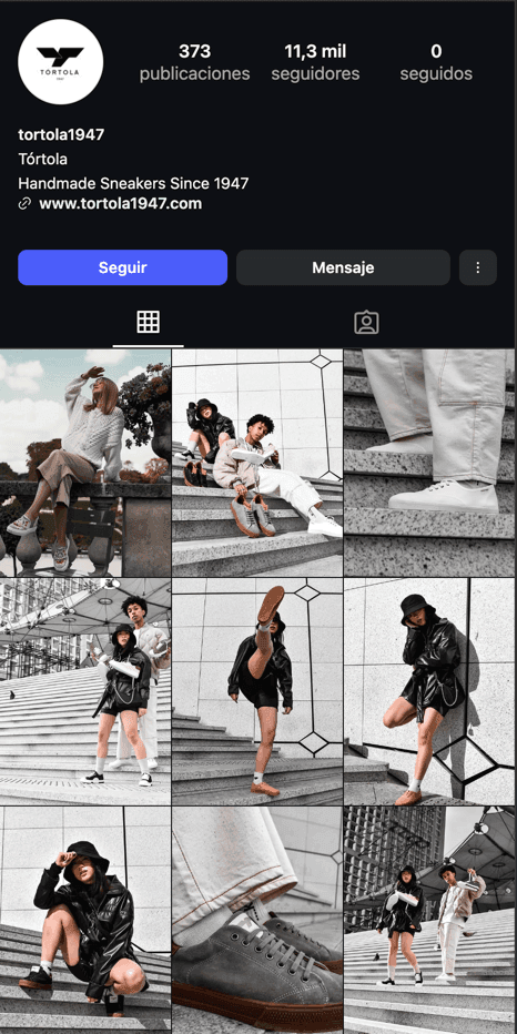 Feed de Instagram de Tórtola 1947 mostrando contenido de producto y lifestyle