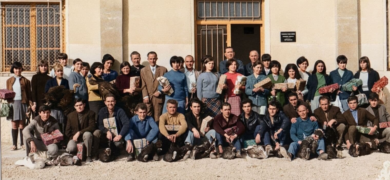 Trabajadores de la fábrica de zapatillas Tortola en Elche (años 60-70) posando con paquetes de regalo y pavos vivos durante el reparto navideño de aguinaldos.